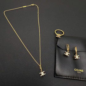 Celine Gold Arc de Triomphe Full Diamond Logo Necklace Earrings-3736  